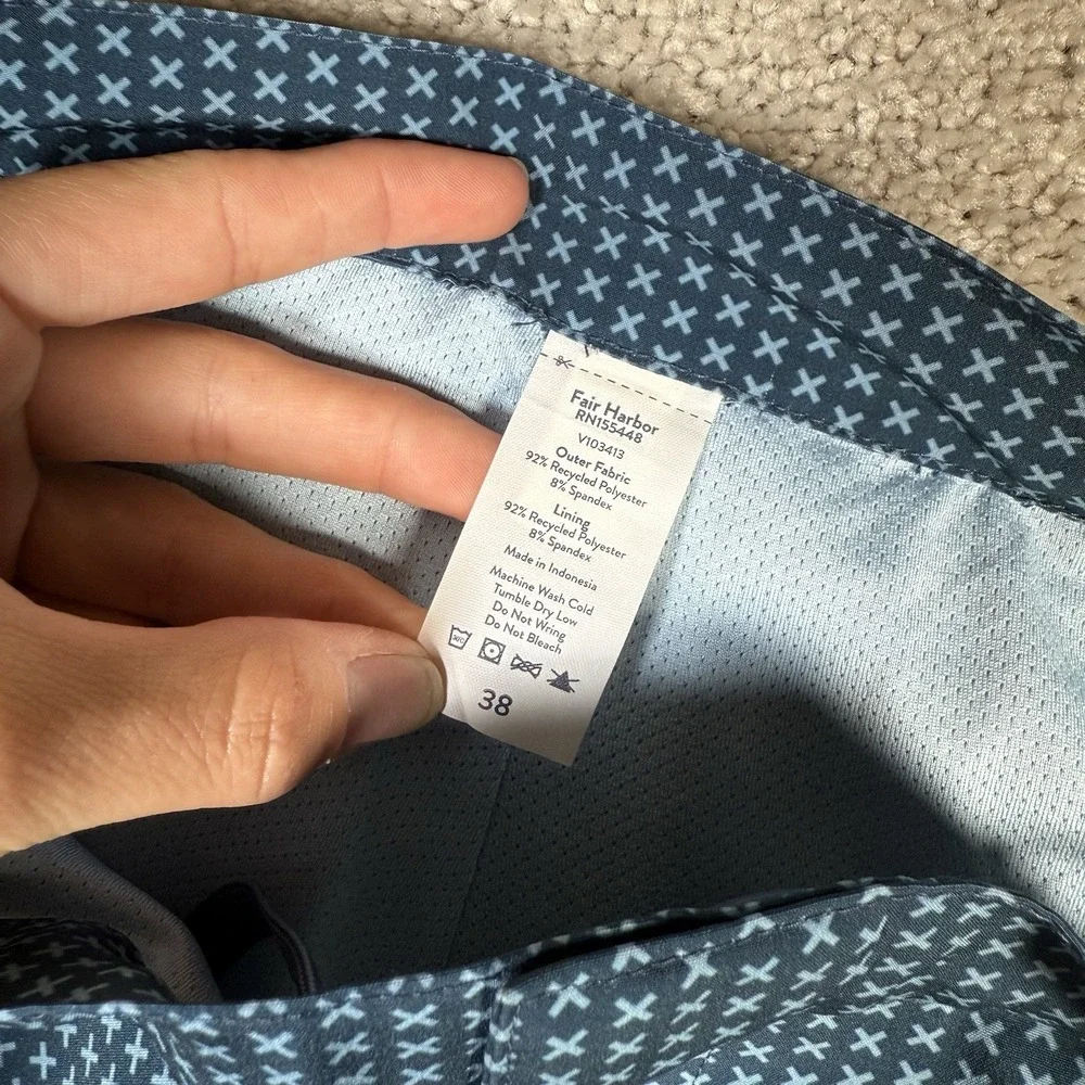 New Fair Harbor The Sextant Swim Shorts Mens Size 38 Blue Geometric‎ Stretch NWT
